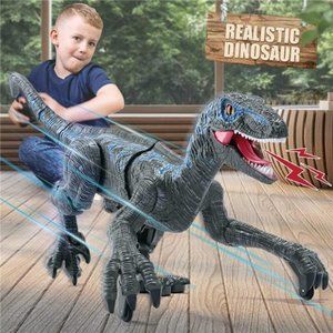 Remote Control Dinosaur Toys, Walking Velociraptor w/ Lights & Sounds for Kids